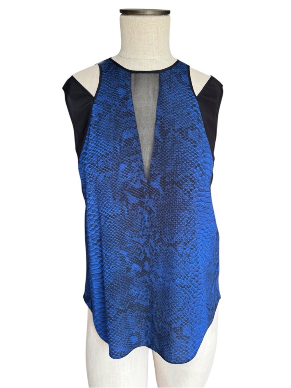 NWOT Rebecca Taylor Cobalt Blue Snakeskin Print Silk Blend Sleeveless Top Sz 0